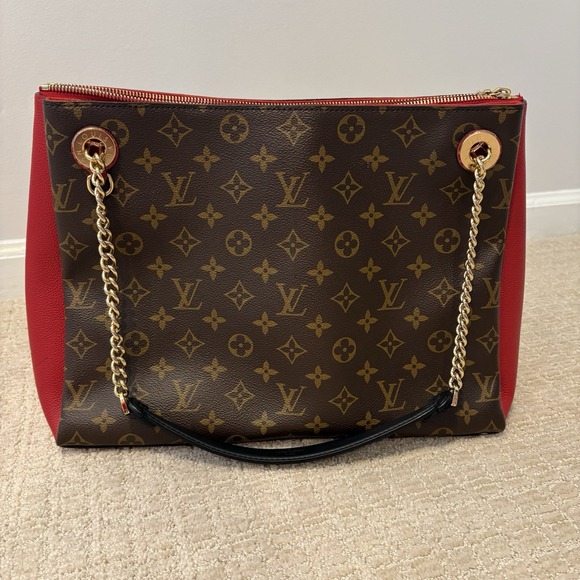 Louis Vuitton Surene Handbag Monogram Canvas with Leather MM Brown RED Authentic - Picture 1 of 14